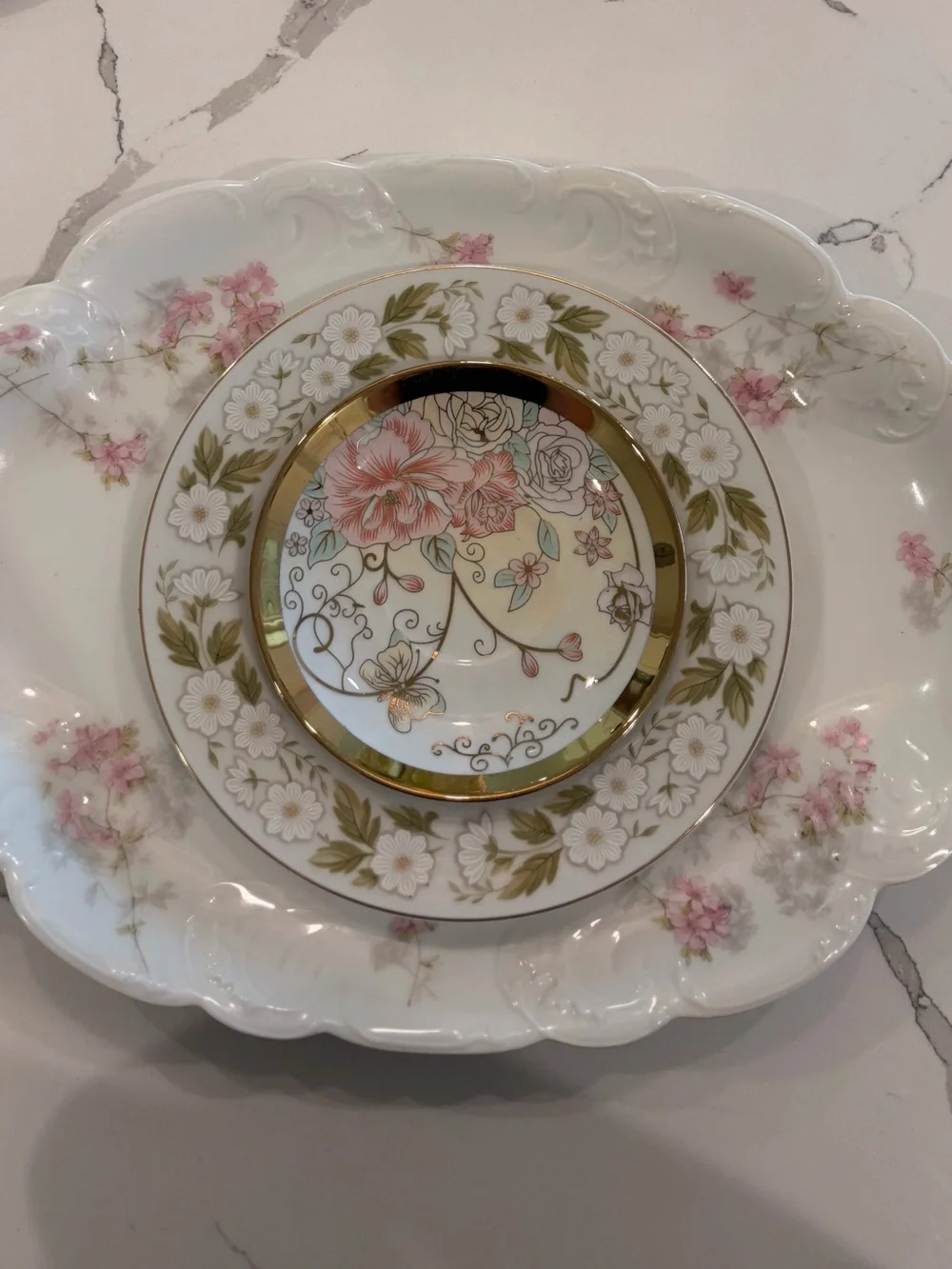 Vintage 3-Tier Cake Stand, English French China, Floral Gold Rim Dessert Stand
